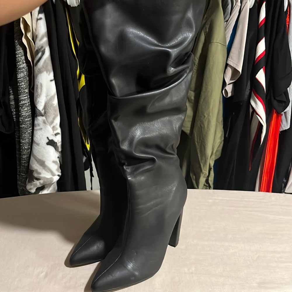 Ruched Leather Knee Boots